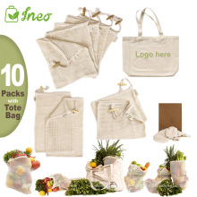 10packs Net Produce Grocery Shopping Drawstring Reusable Organic Cotton Mesh Bag for Fruits and Vegetables